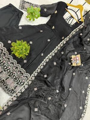 Black Color Embroidery Work With Fancy Lace Satin Gown Set 3