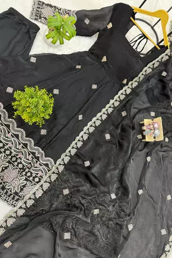 Black Color Embroidery Work With Fancy Lace Satin Gown Set