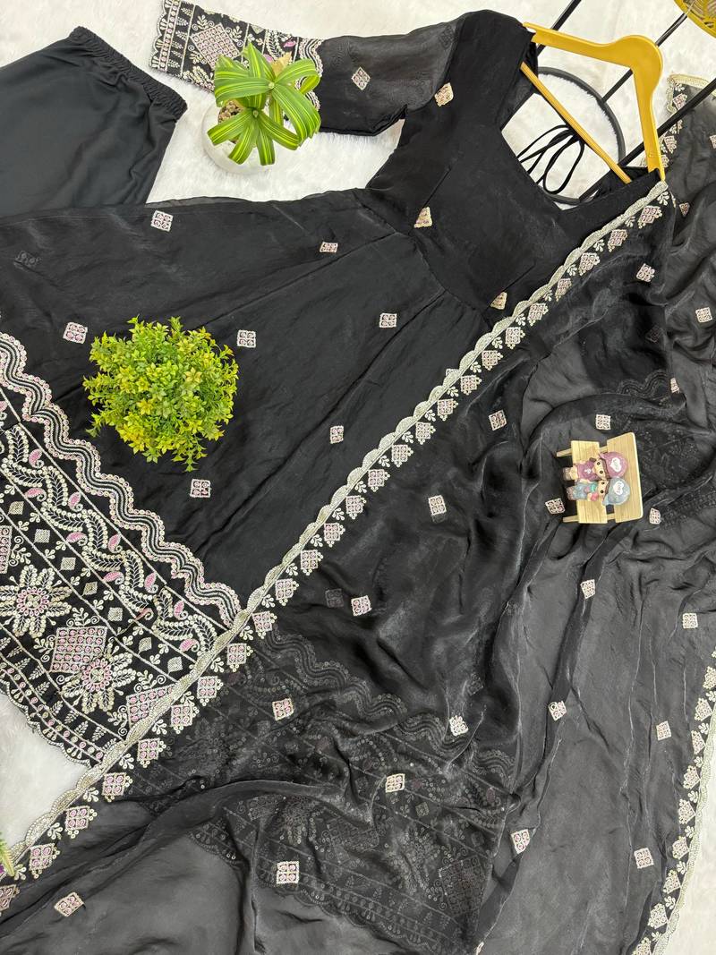 Black Color Embroidery Work With Fancy Lace Satin Gown Set