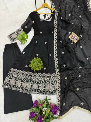 Black Color Embroidery Work With Fancy Lace Satin Gown Set 4