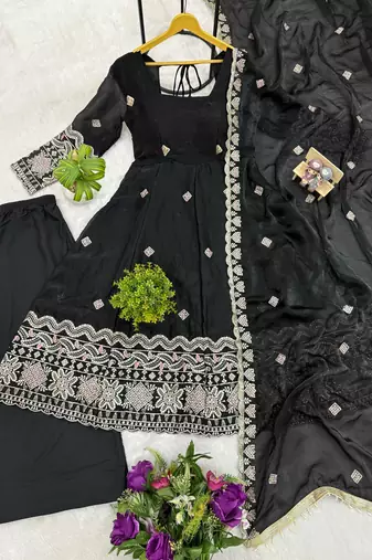 Black Color Embroidery Work With Fancy Lace Satin Gown Set