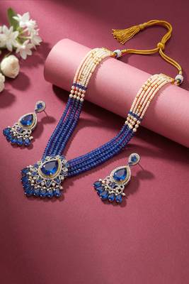 Cz blue beads & faux lapis lazuli studded long necklace earrings jewellery set for women 1
