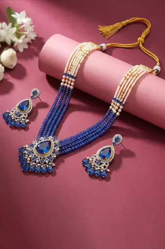 Cz blue beads & faux lapis lazuli studded long necklace earrings jewellery set for women
