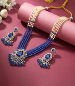 Cz blue beads & faux lapis lazuli studded long necklace earrings jewellery set for women