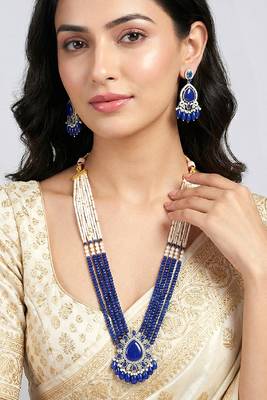 Cz blue beads & faux lapis lazuli studded long necklace earrings jewellery set for women 2