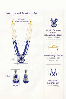 Cz blue beads & faux lapis lazuli studded long necklace earrings jewellery set for women 3
