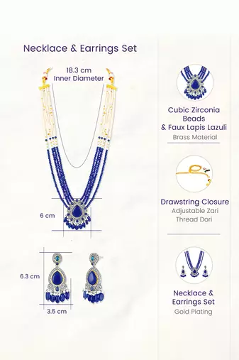 Cz blue beads & faux lapis lazuli studded long necklace earrings jewellery set for women