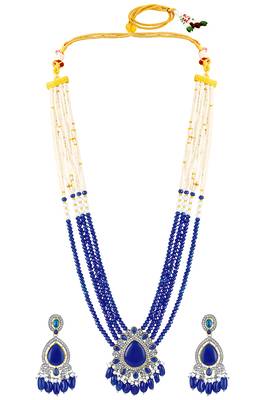 Cz blue beads & faux lapis lazuli studded long necklace earrings jewellery set for women 4
