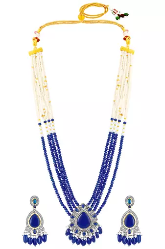 Cz blue beads & faux lapis lazuli studded long necklace earrings jewellery set for women