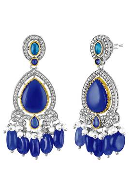 Cz blue beads & faux lapis lazuli studded long necklace earrings jewellery set for women 5