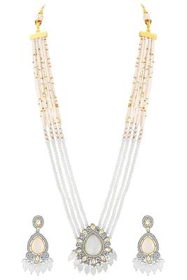Gold plated white kundan & beads studded ethnic layered necklace earrings set jewellery for women & girls 1
