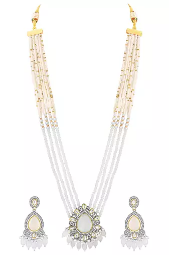 Gold plated white kundan & beads studded ethnic layered necklace earrings set jewellery for women & girls