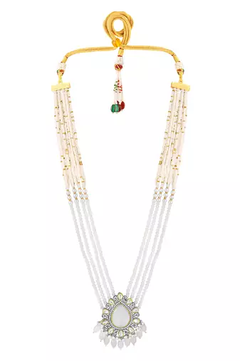 Gold plated white kundan & beads studded ethnic layered necklace earrings set jewellery for women & girls