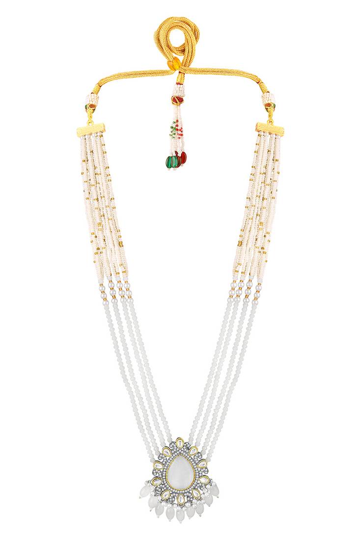 Gold plated white kundan & beads studded ethnic layered necklace earrings set jewellery for women & girls