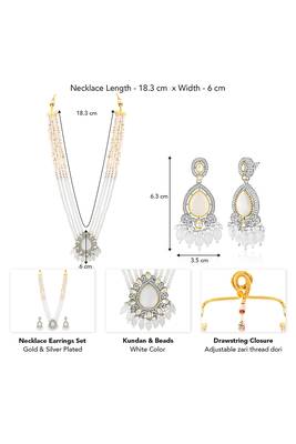 Gold plated white kundan & beads studded ethnic layered necklace earrings set jewellery for women & girls 3
