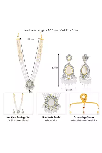 Gold plated white kundan & beads studded ethnic layered necklace earrings set jewellery for women & girls