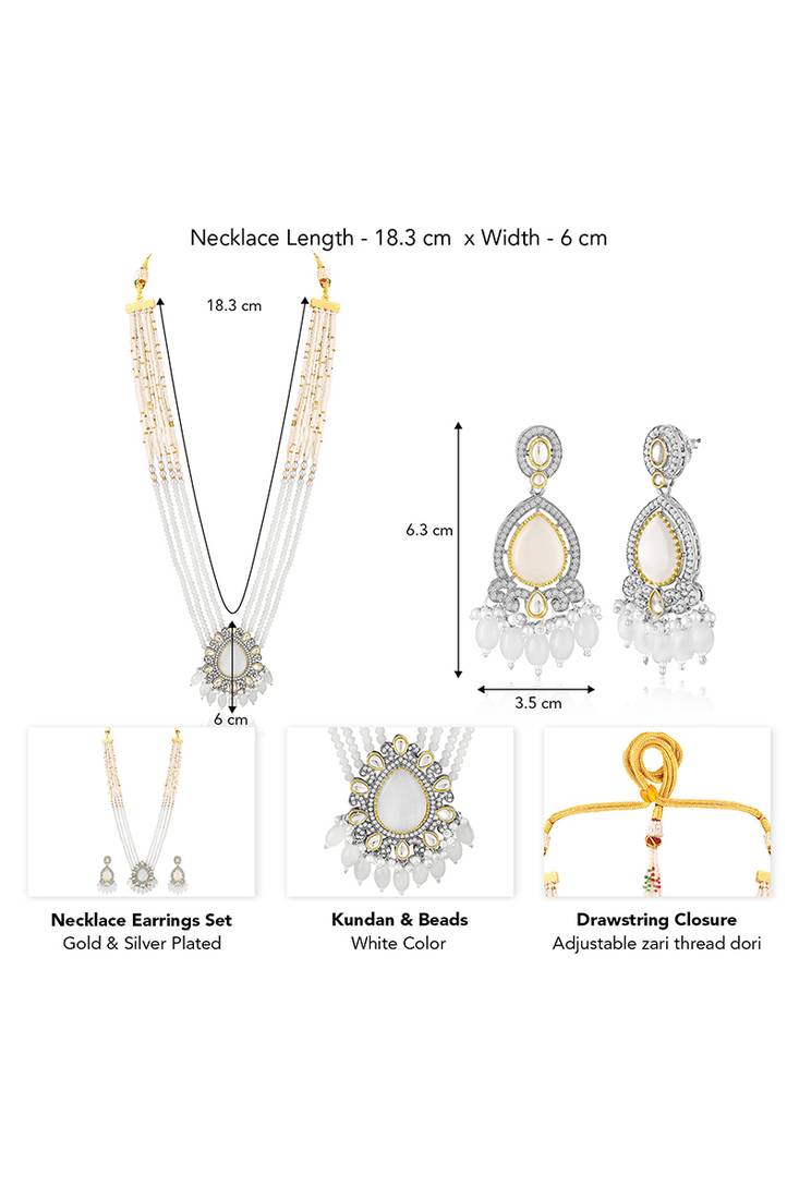 Gold plated white kundan & beads studded ethnic layered necklace earrings set jewellery for women & girls