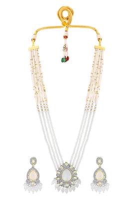 Gold plated white kundan & beads studded ethnic layered necklace earrings set jewellery for women & girls 4