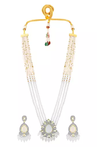 Gold plated white kundan & beads studded ethnic layered necklace earrings set jewellery for women & girls