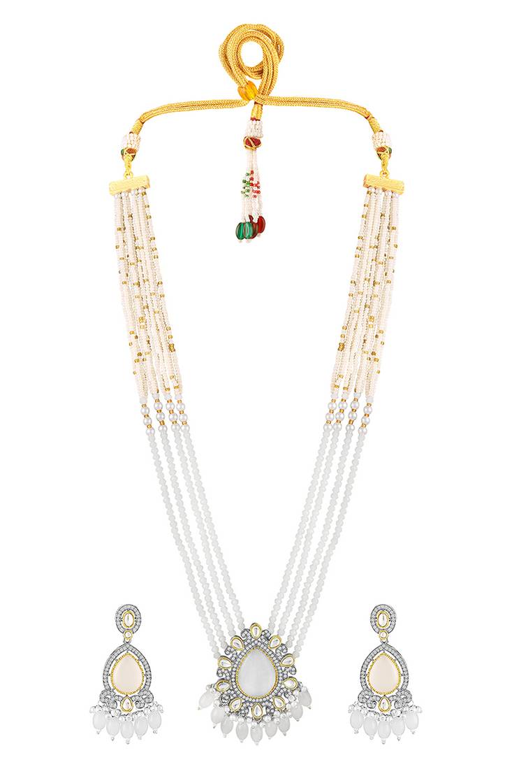 Gold plated white kundan & beads studded ethnic layered necklace earrings set jewellery for women & girls