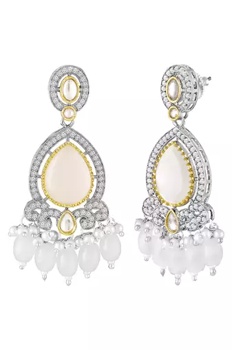 Gold plated white kundan & beads studded ethnic layered necklace earrings set jewellery for women & girls