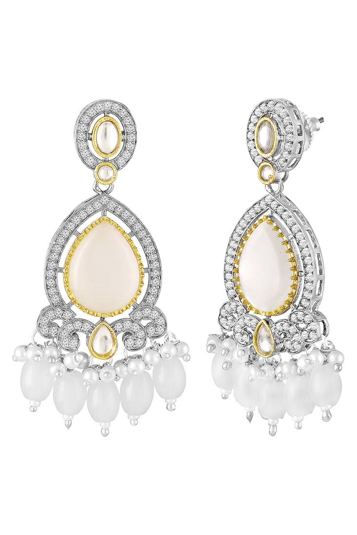 Gold plated white kundan & beads studded ethnic layered necklace earrings set jewellery for women & girls