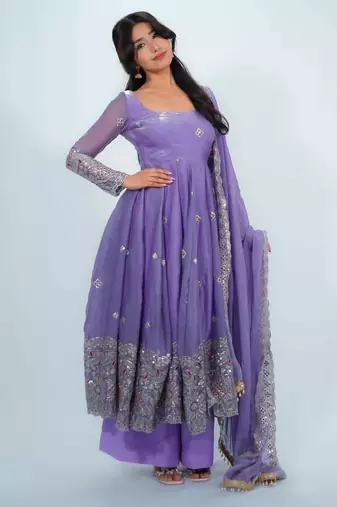 Lavender Color Embroidery Work With Fancy Lace Satin Gown Set