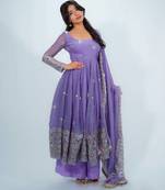 Lavender Color Embroidery Work With Fancy Lace Satin Gown Set