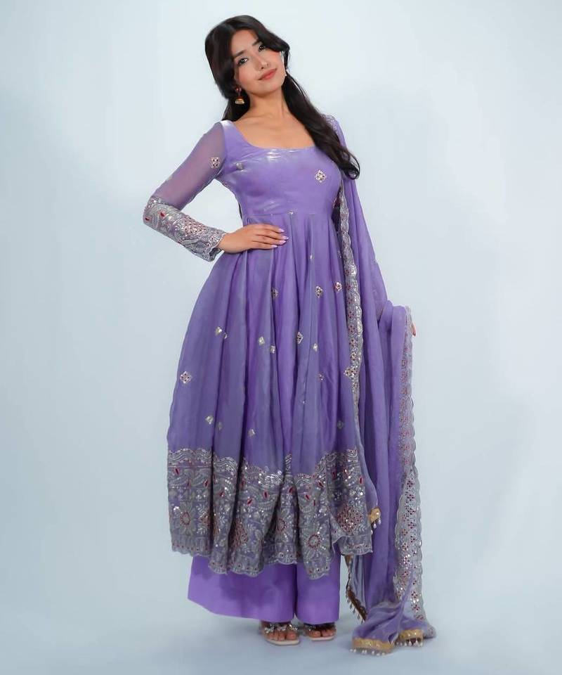 Lavender Color Embroidery Work With Fancy Lace Satin Gown Set