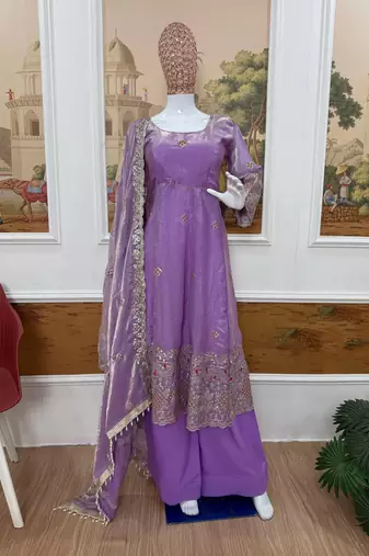Lavender Color Embroidery Work With Fancy Lace Satin Gown Set