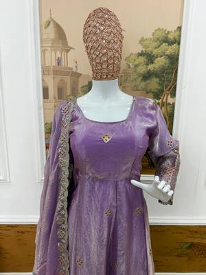 Lavender Color Embroidery Work With Fancy Lace Satin Gown Set 3
