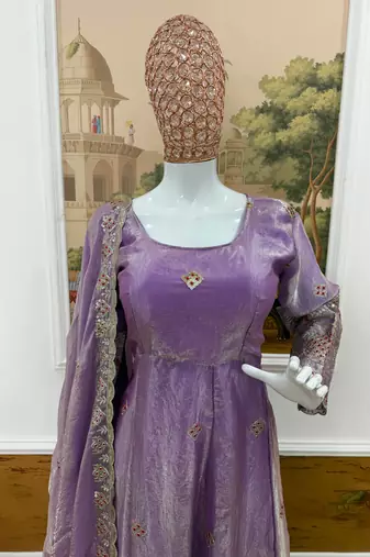 Lavender Color Embroidery Work With Fancy Lace Satin Gown Set