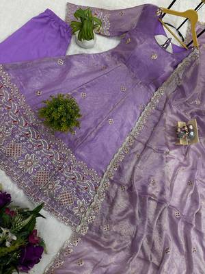 Lavender Color Embroidery Work With Fancy Lace Satin Gown Set 4