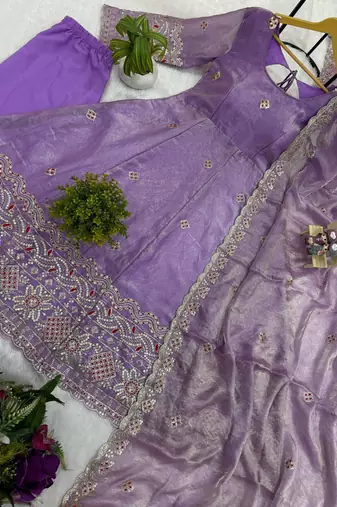 Lavender Color Embroidery Work With Fancy Lace Satin Gown Set