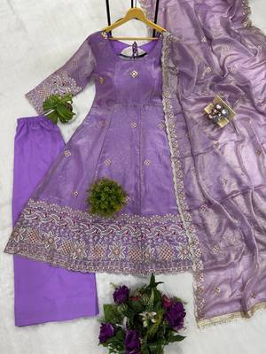 Lavender Color Embroidery Work With Fancy Lace Satin Gown Set 5