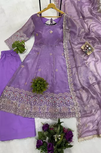 Lavender Color Embroidery Work With Fancy Lace Satin Gown Set