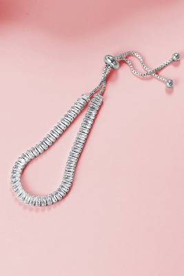 Silver plated white baguette stone studded adjustable charm bracelet jewellery for women 1
