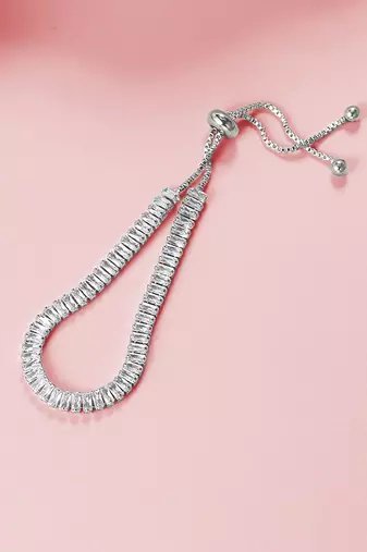 Silver plated white baguette stone studded adjustable charm bracelet jewellery for women