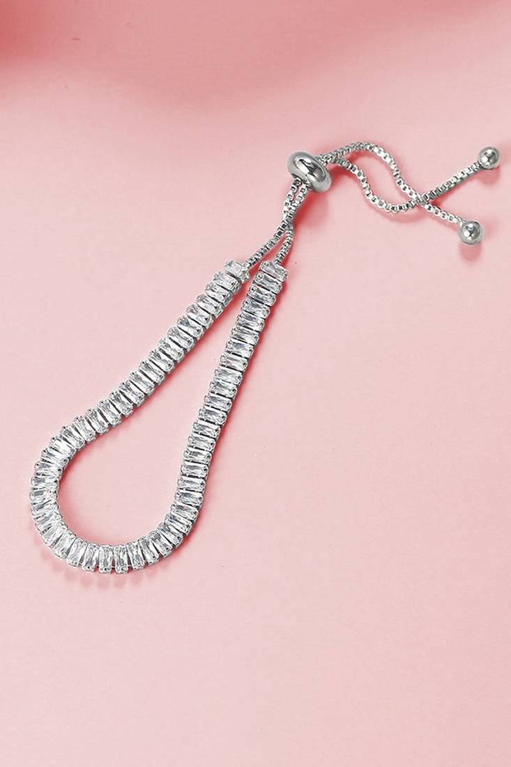 Silver plated white baguette stone studded adjustable charm bracelet jewellery for women