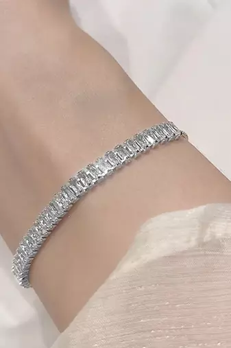 Silver plated white baguette stone studded adjustable charm bracelet jewellery for women