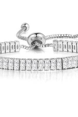 Silver plated white baguette stone studded adjustable charm bracelet jewellery for women 3