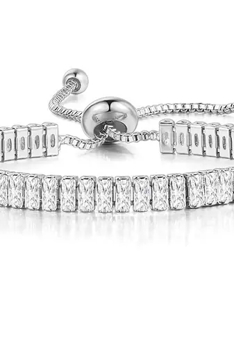 Silver plated white baguette stone studded adjustable charm bracelet jewellery for women