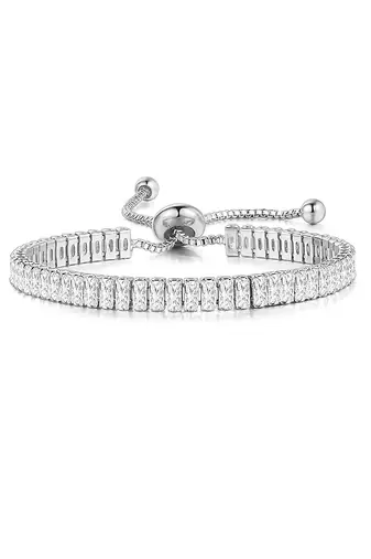 Silver plated white baguette stone studded adjustable charm bracelet jewellery for women