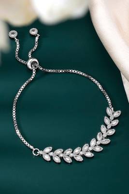 Silver plated cubic zirconia studded adjustable floral bracelet jewellery for women 1