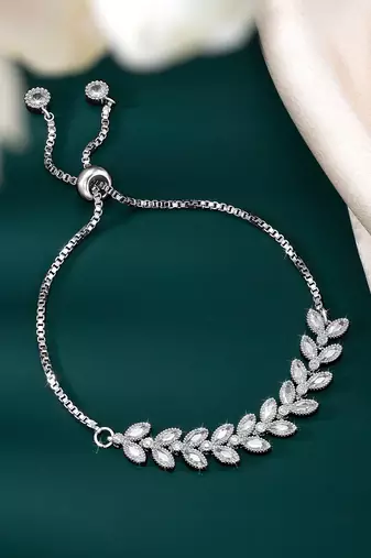 Silver plated cubic zirconia studded adjustable floral bracelet jewellery for women
