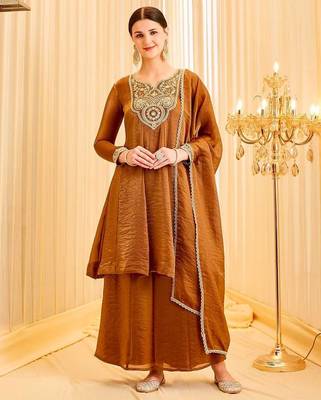 Brown Color Embroidery And Sequence Work Silk Blend Salwar kamiz Set 1