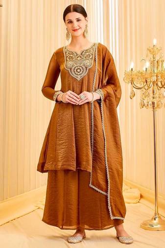 Brown Embroidery And sequin Work Silk Blend Salwar kamiz Set
