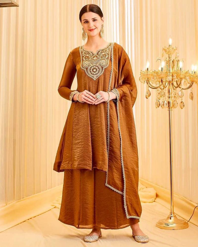 Brown Color Embroidery And Sequence Work Silk Blend Salwar kamiz Set