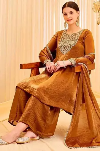 Brown Color Embroidery And Sequence Work Silk Blend Salwar kamiz Set
