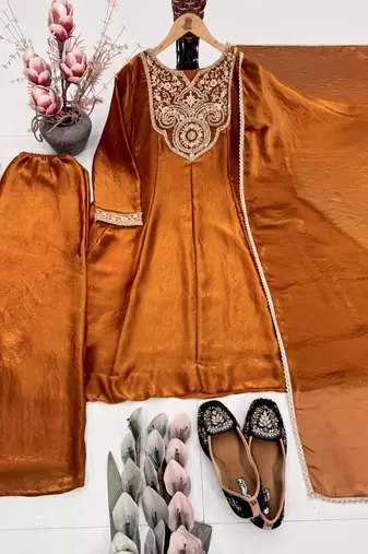 Brown Color Embroidery And Sequence Work Silk Blend Salwar kamiz Set